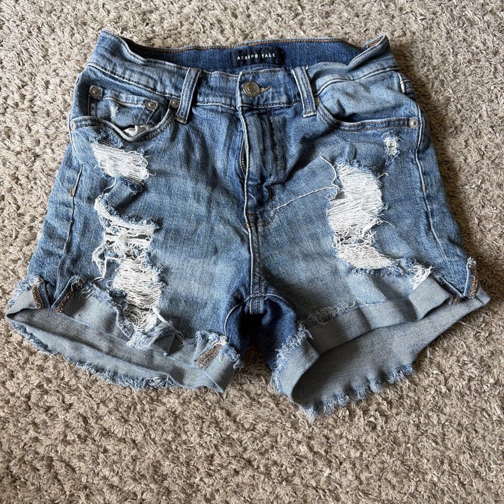 Aeropostale Denim Shorts Womens 0 Mom Short Distressed Light Wash High Rise